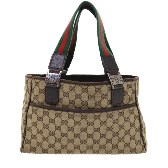 GUCCI GG Canvas Web Sherry Line Hand Bag Canvas Leather Beige Green Auth 53681 - Picture 2 of 16